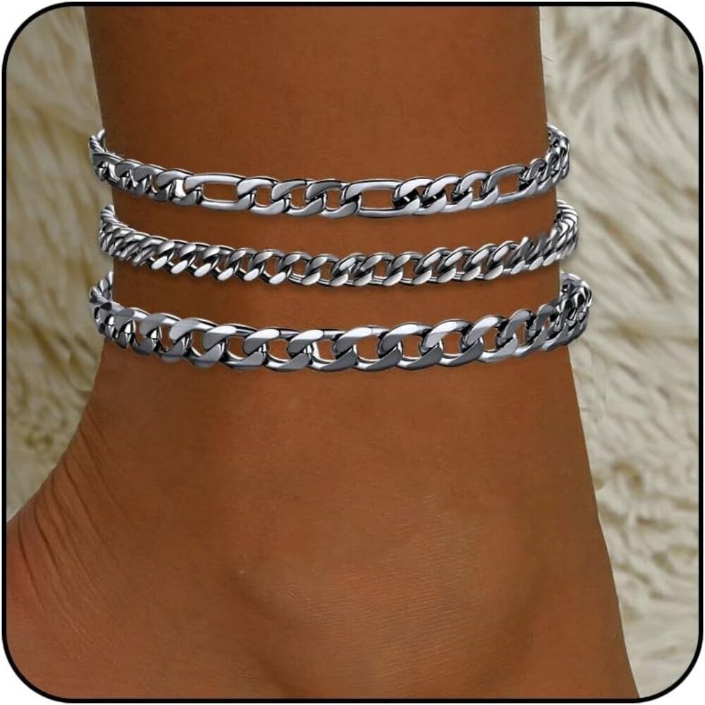Trendy Waterproof Stainless Steel Silver Anklets Set - Adjustable Cuban Layering